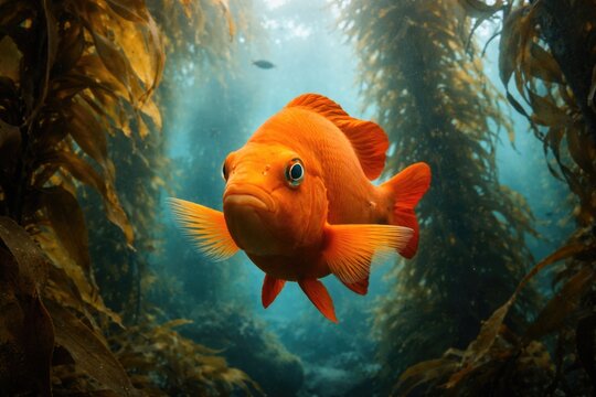 Garibaldi Fish Swimming in Kelp Forest Underwater Scene