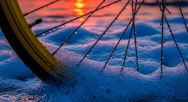 Close-up of a bicycle wheel partially submerged in foamy ocean water at sunset, with an orange sky reflecting on the wet spokes.