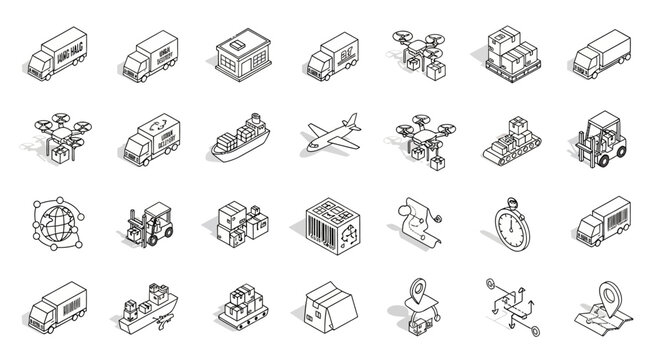 Isometric Logistics and Delivery Icons Set for Global Transportation.