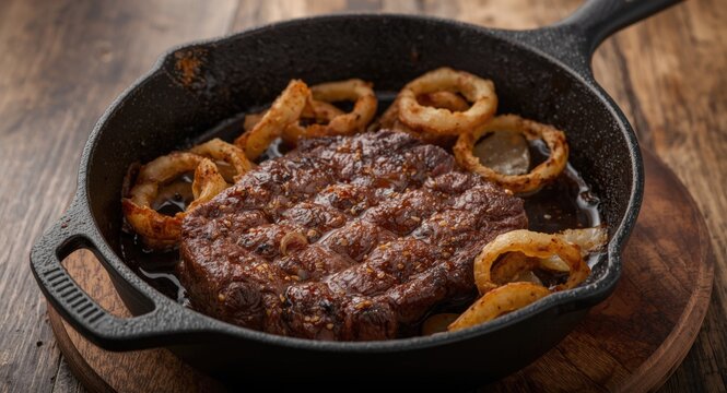 Traditional Filipino dry aged Angus beef Bistek Tagalog steak with onion rings and soy sauce in cast iron dish