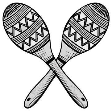 Pair of decorative maracas with traditional ethnic patterns and wooden handles, crossed for rhythm and music