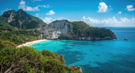 Fototapeta premium Turquoise tropical bay bordered by jagged cliffs and abundant greenery under clear sky