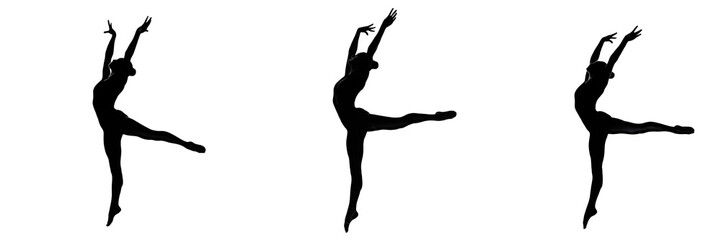 Fototapeta premium Graceful Female Ballet Dancer Silhouettes Performing Elegant Dance Poses Isolated On White Background Set
