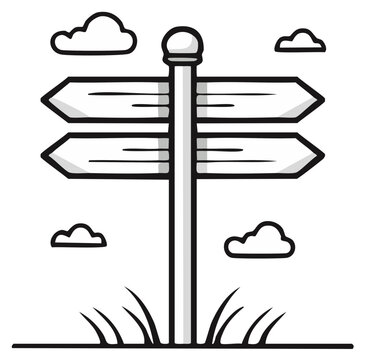 Hand drawn cartoon signpost with arrows pointing in opposite directions and clouds overhead