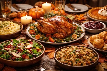 Obraz premium Festive Thanksgiving dinner at home featuring traditional autumn dishes with chicken and fresh salad