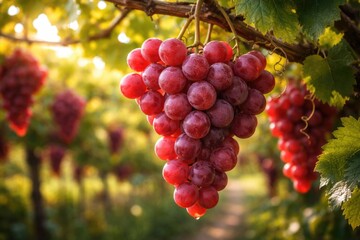 Fototapeta premium Sweet Red Globe table grapes hanging on grapevine branch celebrating harvest time