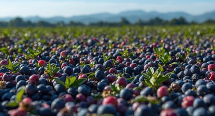 Fototapeta premium Summer blueberry field heavy with ripened fruit overshadowed by faint mountain outlines