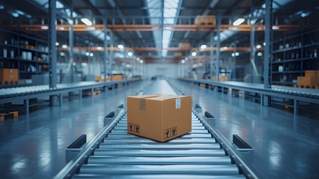 Cardboard box on a conveyor belt in a modern warehouse or factory
