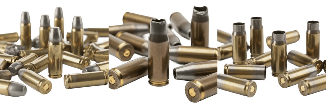 Collection of Brass Pistol Bullets and Ammunition Cartridges Scattered Isolated On White Background Asset Set