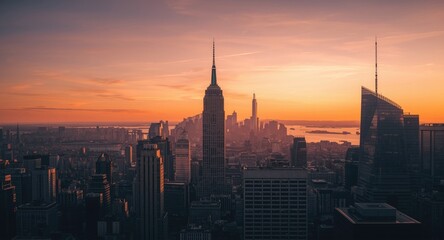 Naklejka premium Urban skyline at daybreak highlighting a famous tower