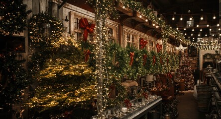 Fototapeta premium Holiday decor store featuring large motion blurred Christmas tree decorations surrounded by wreaths and warm glowing string lights