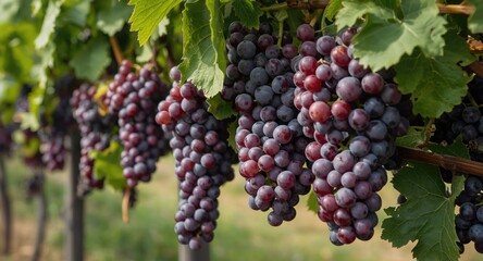 Fototapeta premium Hanging bunches of ripe grapes on grapevines during preharvest time