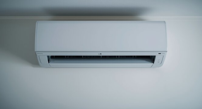 Focused close up of a split air conditioning unit on a white painted wall surface