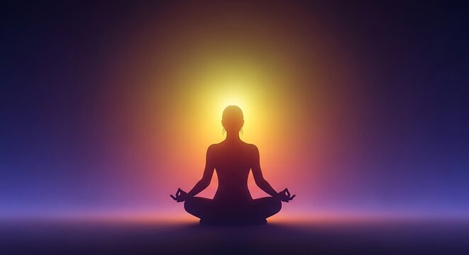 Person meditating in peaceful sunset light.