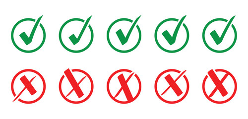Tick and cross signs. Green checkmark and red X icons. Check mark symbols set. Check and wrong icons. Set of check marks. Green tick, red cross. Vector illustration. © Luna Visuals