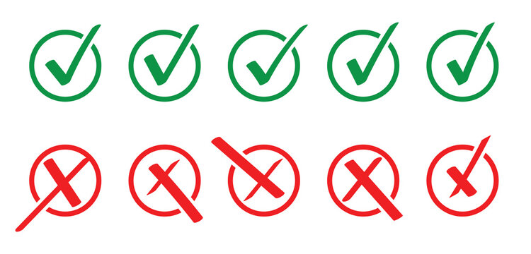 Tick and cross signs. Green checkmark and red X icons. Check mark symbols set. Check and wrong icons. Set of check marks. Green tick, red cross. Vector illustration.