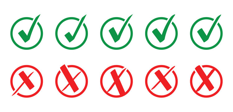 Tick and cross signs. Green checkmark and red X icons. Check mark symbols set. Check and wrong icons. Set of check marks. Green tick, red cross. Vector illustration.