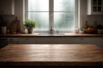 Fototapeta premium Empty table with copy space in front of a foggy kitchen window interior background