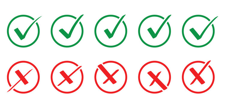 Tick and cross signs. Green checkmark and red X icons. Check mark symbols set. Check and wrong icons. Set of check marks. Green tick, red cross. Vector illustration.