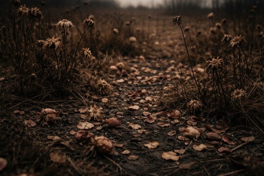 A field scattered with dried flower petals and withered stalks creating a somber scene