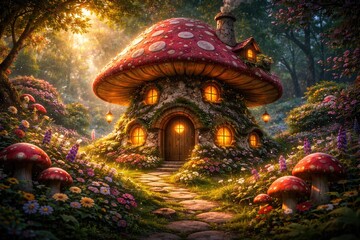 Fototapeta premium Whimsical Mushroom House Surrounded by Vibrant Flowers in a Fantasy Garden