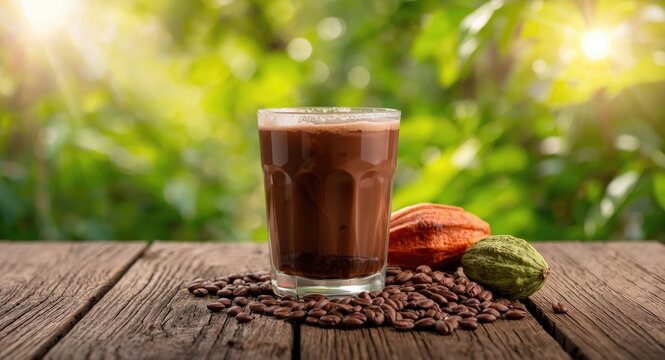 Tasty chocolate drink accompanied by fresh cacao pods and cocoa beans on wooden surface framed by vibrant green foliage in radiant outdoor atmosphere