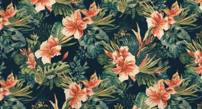 Vibrant tropical floral pattern for fabric printing with exotic leaf motifs