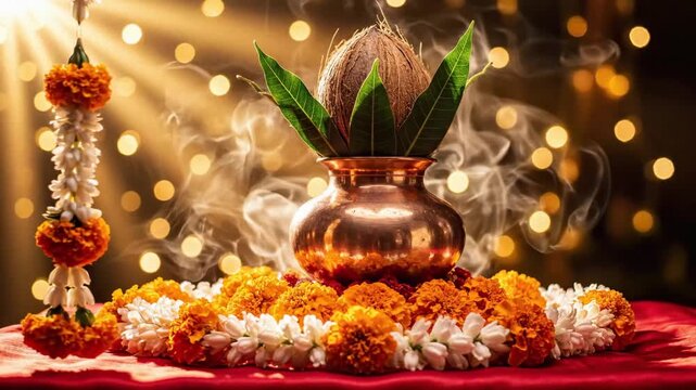 Akshaya tritiya puja with kalash and marigold garlands, symbolizing prosperity, glowing warmly with bokeh lights.