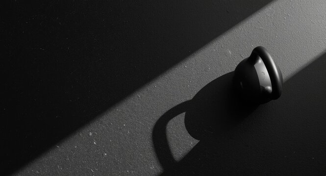 View from above of kettlebell casting a defined shadow with open copy space