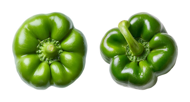 Fresh whole green bell peppers top view collection PNG set isolated on transparent background