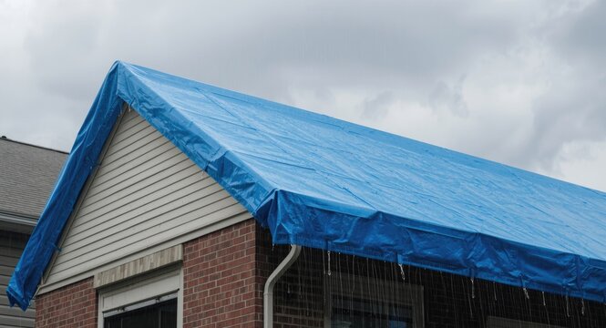 Temporary roofing tarp safeguards home from weather until repair service arrives