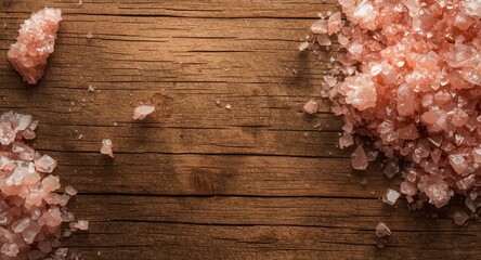 Fototapeta premium Wood surface with visible grain covered partially by pink Himalayan salt crystals under soft light