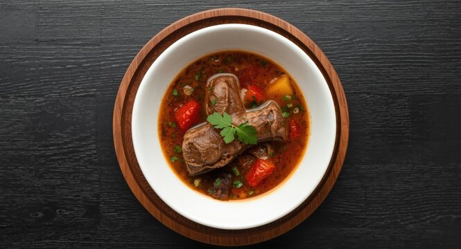 Wholesome halal oxtail soup presented in white bowl alongside dark wooden serving plate