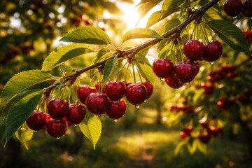 Fototapeta premium Organic cherry orchard branch with sunlit ripe cherries