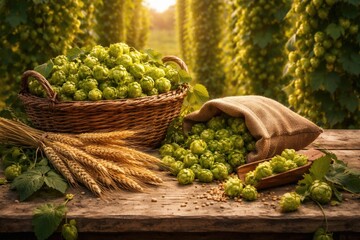 Fototapeta premium Rustic wooden table display of hops cones and wheat ears for beer brewing with hop garden background