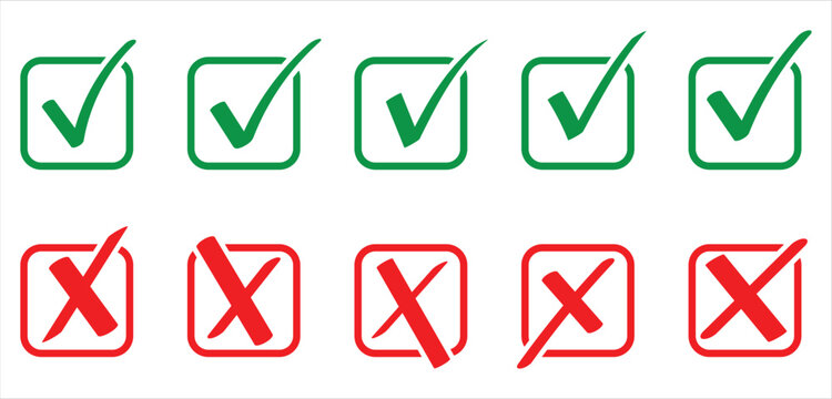 Collection of hand drawn check marks and crosses symbols. Green checkmark and red cross signs, simple hand-drawn style. This icons set isolated on white background.Eps10. 