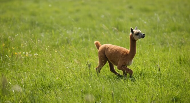 Energetic alpaca pet bounding on a full length view of lush green grass in summer