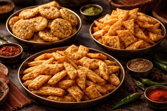 Indian Savory Snacks Assortment with Nimki, Mathri, and Namak Pare