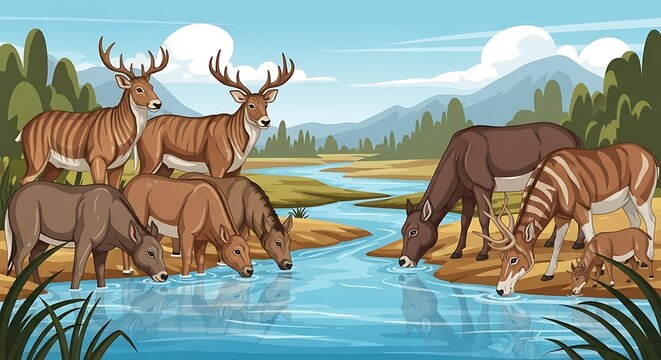 Wild animals drinking from river landscape.