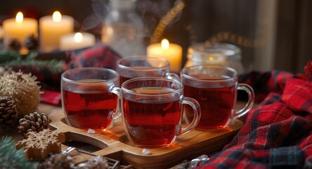 Fototapeta premium Steaming hot tea in clear glass cups on a wooden tray decorated with candles and plaid in a cozy winter setting plus copy space