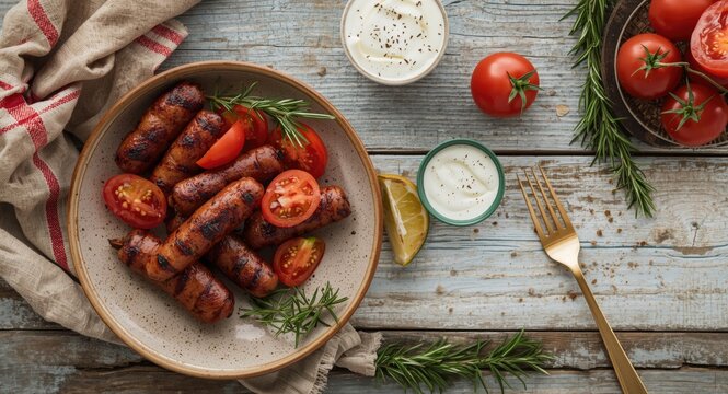 Grilled mini sausages with tomato and rosemary served with sauce and creamy mayonnaise flat lay