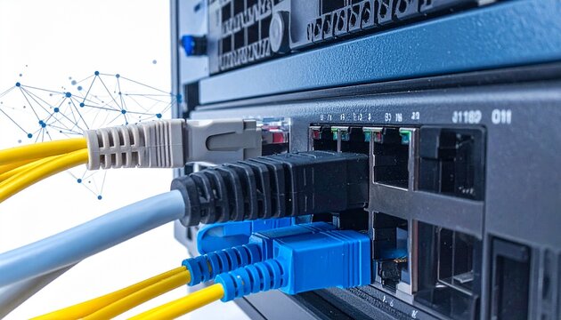   
"Ethernet cables plugged into network router"