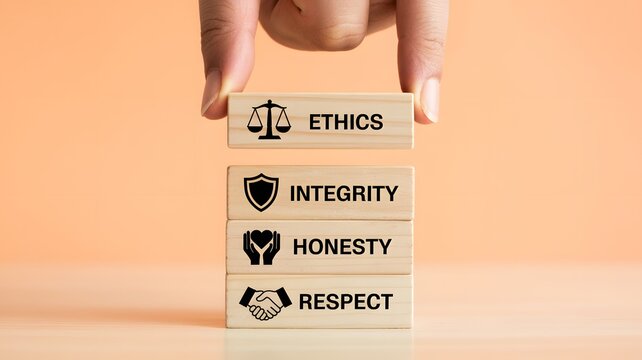 Upholding Core Ethical Values Hand Stacking Blocks Representing Integrity, Honesty, and Respect for Professional Business