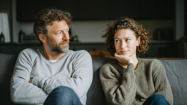 couple sitting on sofa having serious conversation, middle aged man and woman looking at each other with tension, worried parents sitting side by side on couch