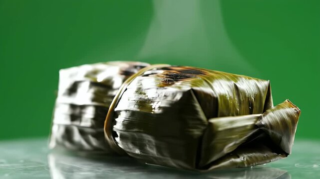 Steaming Cambodian Num Ansom Chek Wrapped in Banana Leaves on Green Background in Cinematic Lighting
