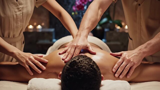 Synchronized Full Body Massage Two Therapists Applying Oil Warm Glow Candles Serene Spa Ambiance Relaxing Luxury Treatment