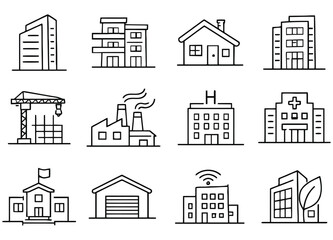 Fototapeta premium Modern Building Line Icon Set – Minimal Architecture Outline Icons Collection
