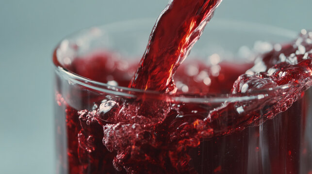 Red liquid pouring into a glass creating a splash
