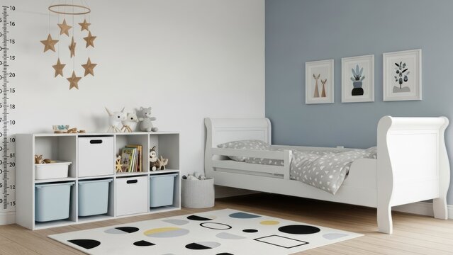 A child's room in Scandi style, with a white-painted sleigh bed, open storage in pale blue, and a playful rug with simple geometric patterns.