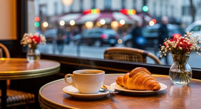 A close-up of a classic French bistro table, with a coffee cup and a croissant. The bustling caf&eacute; street scene outside the window is a vibrant, moving bokeh of color and light.